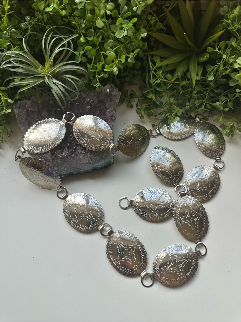 Sterling Style Silver Tone Oval Concho Link Belt Western Boho